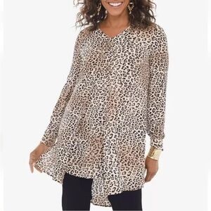 Chico's Chiffon Layered Flyaway Cheetah Print Tunic Blouse Size 1 Medium 8 Work